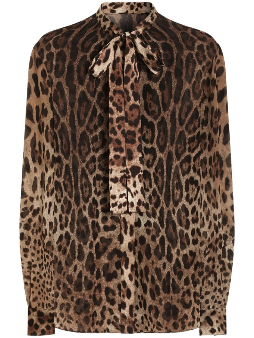 Dolce & Gabbana Leopard Print Silk Bow Blouse
