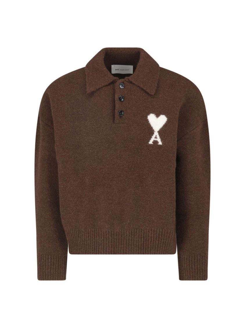 Ami Paris Cropped Cardigan With Classic Collar And Intarsia Logo