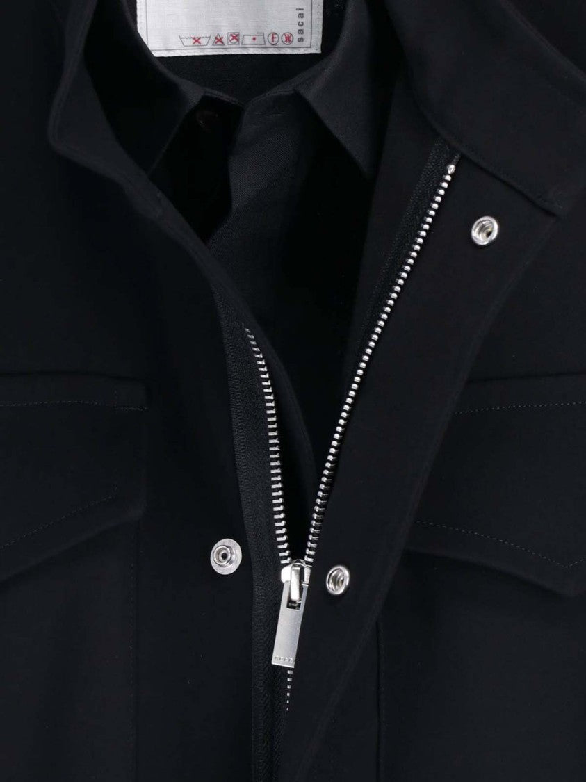 Sacai Maxi Shirt In Black Crêpe Satin With Concealed Closure