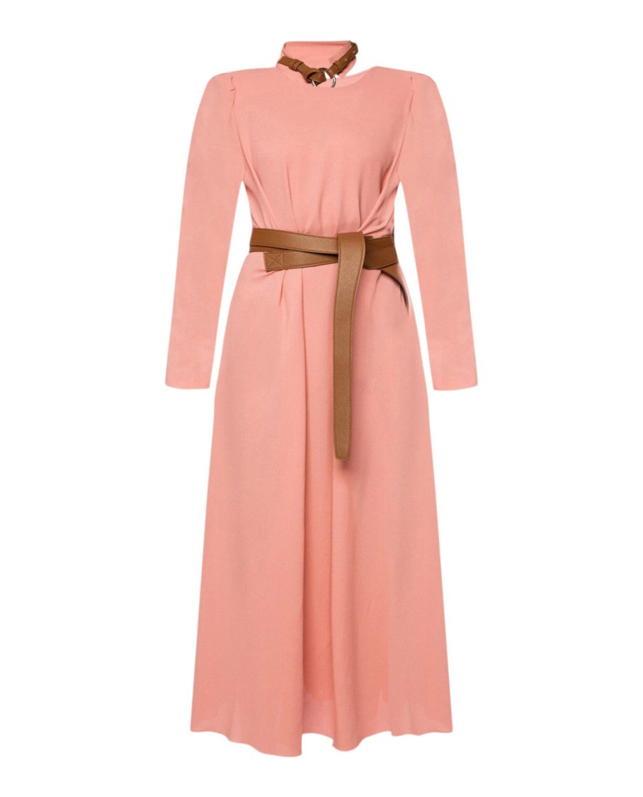 Stella Mccartney Belted Silk Dress With Stand Collar And Loose Fit