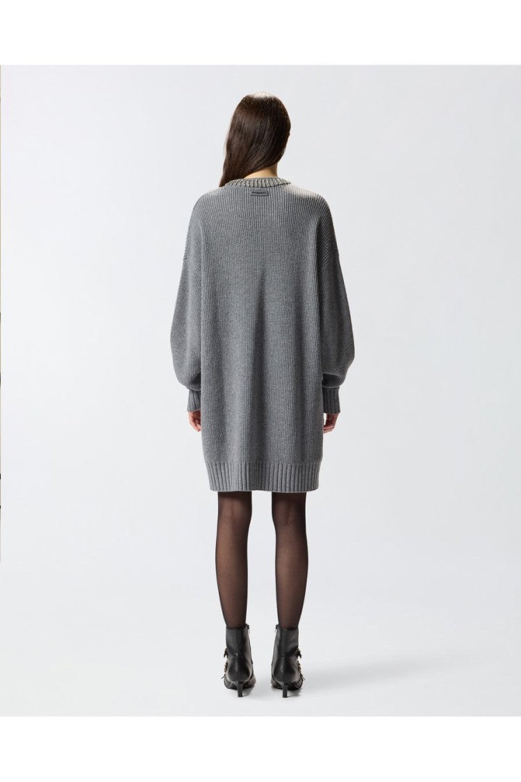 Pinko Grey Rhinestone Crewneck Ribbed Nylon-Viscose Mini Dress