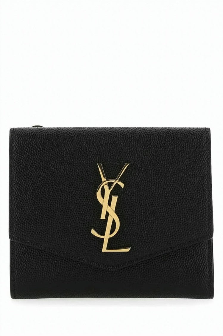 Saint Laurent Textured Leather Compact Wallet With Gold Emblem