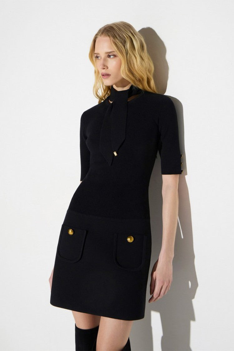 Elisabetta Franchi Black Tie-Neck Ball-Button Flap Pockets Viscose-Blend Mini Dress