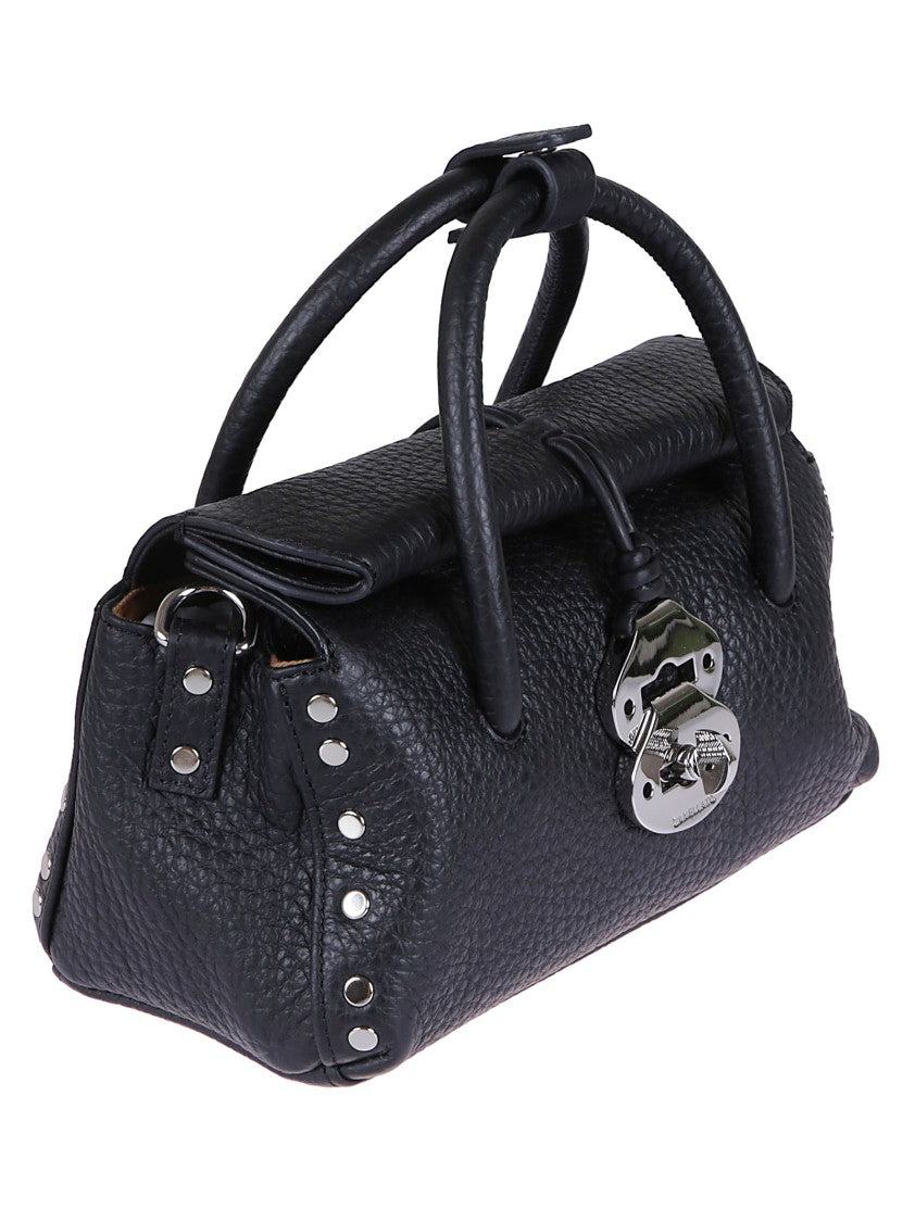 Zanellato Structured Black Hammered Leather Bag With Twist Lock Closure