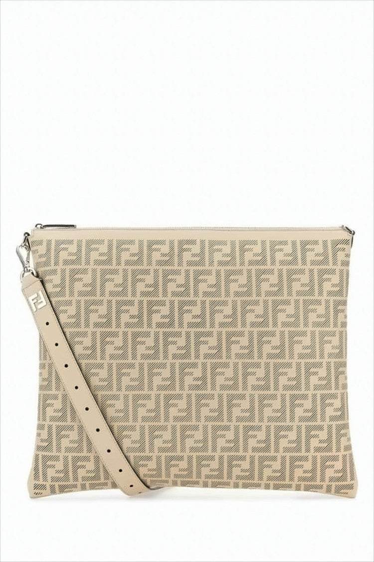 Fendi Textured Calfskin Clutch With Geometric Pattern And Detachable Strap