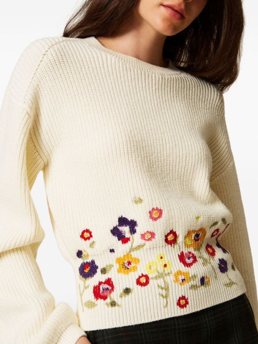 Twin-Set Ribbed Knit Sweater With Floral Embroidery