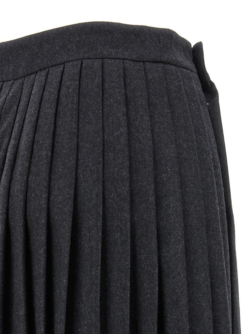 Prada Wool Midi Skirt With Structured Pleats And Brooch Detail