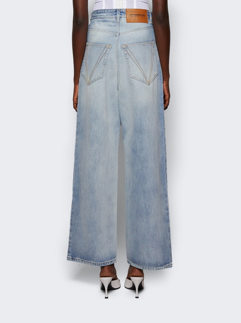 Vetements Embroidered Logo Baggy Jeans Light Blue
