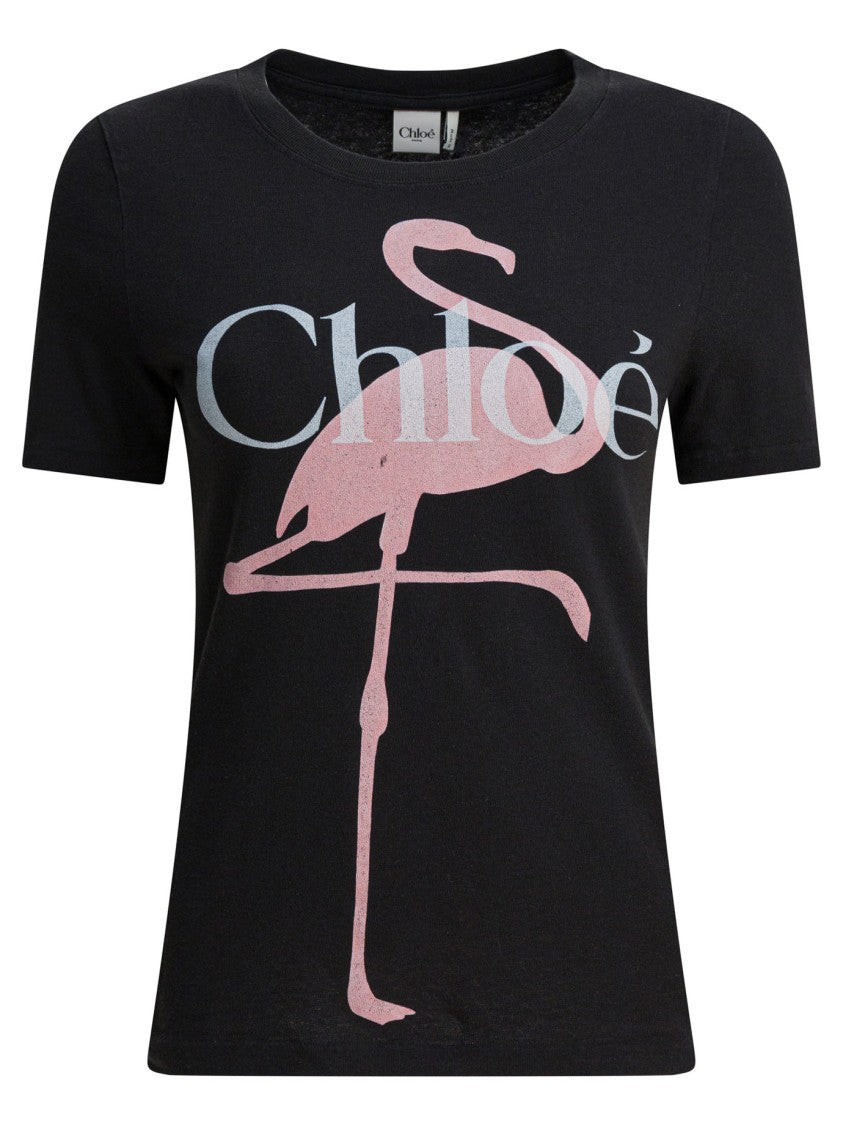Chloé Fitted Cotton Jersey T-Shirt With Flamingo Motif