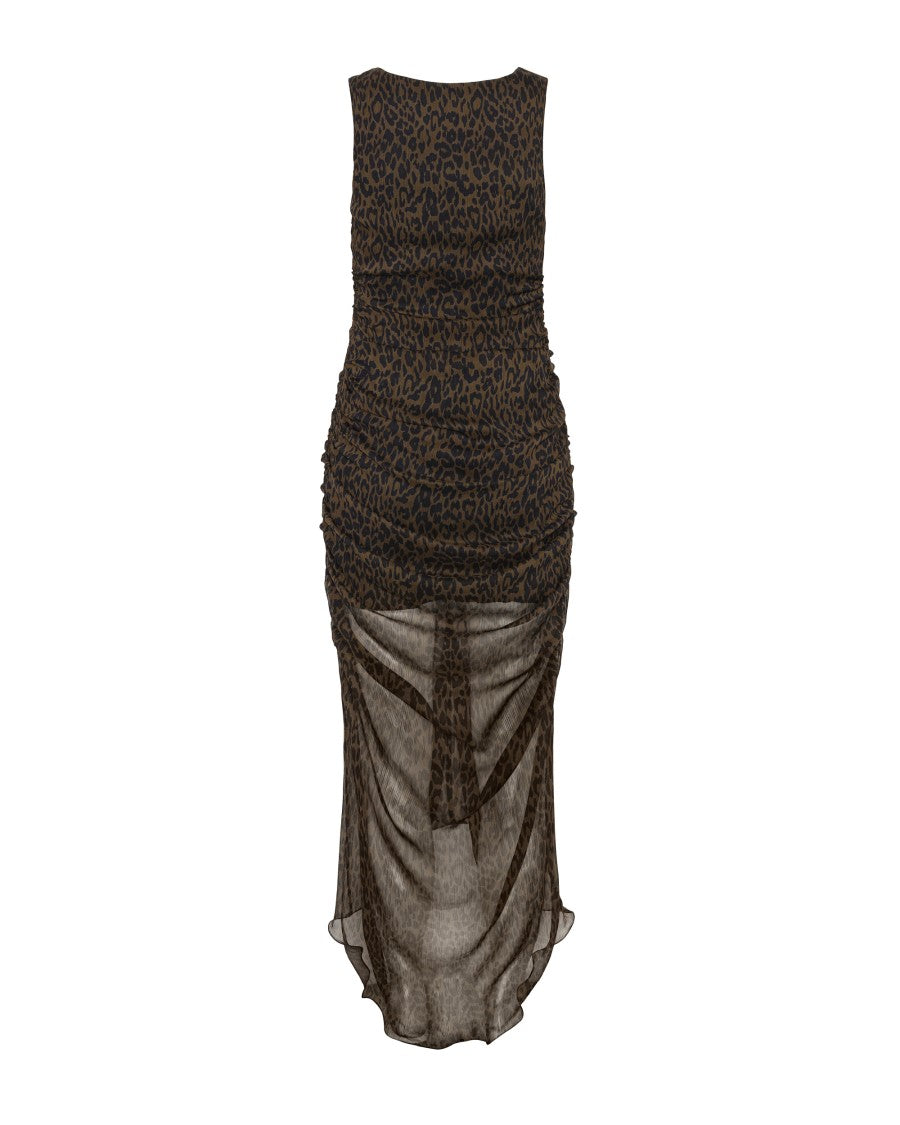 Rotate Sleeveless Midi Dress With Ruched Detailing And Asymmetric Hemline