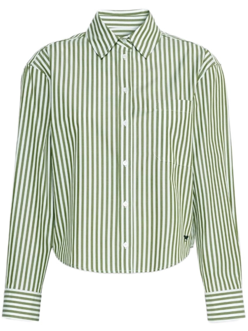 Weekend Vertical Olive Green And White Striped Cropped Shirt