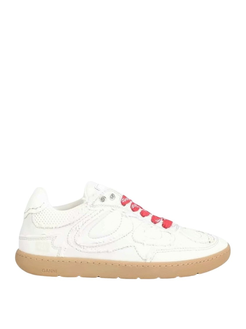 Ganni Textured White Sneakers With Red Laces