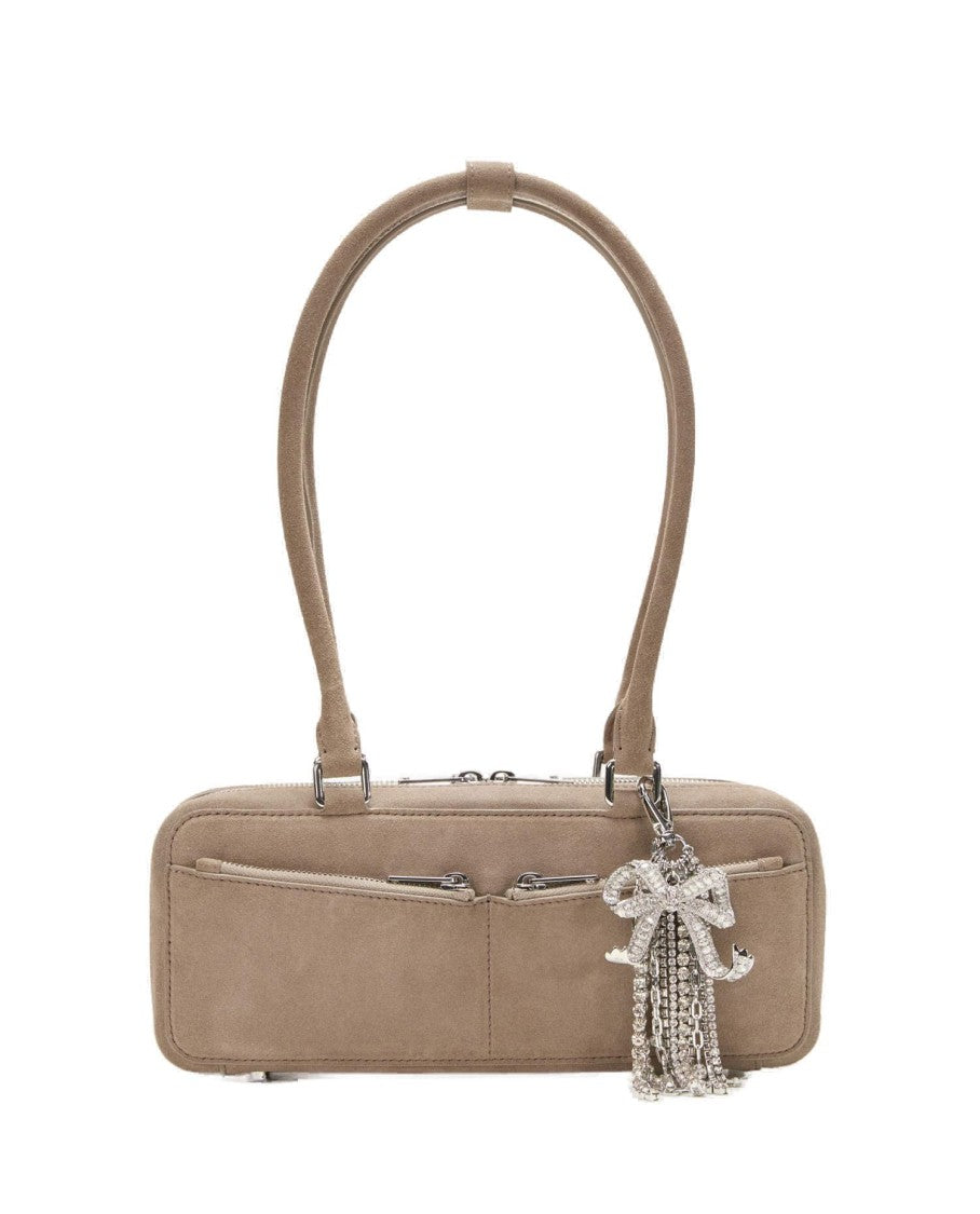 Self-Portrait Grey Suede Baguette Shoulder Bag With Charm