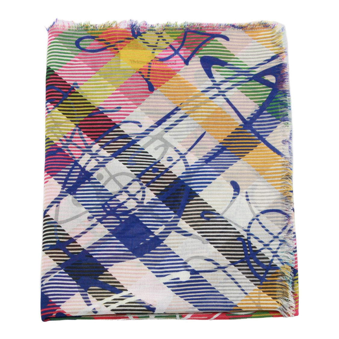 Vivienne Westwood Multicolored Plaid Scarf With Fringed Edges And Navy Graphic Elements