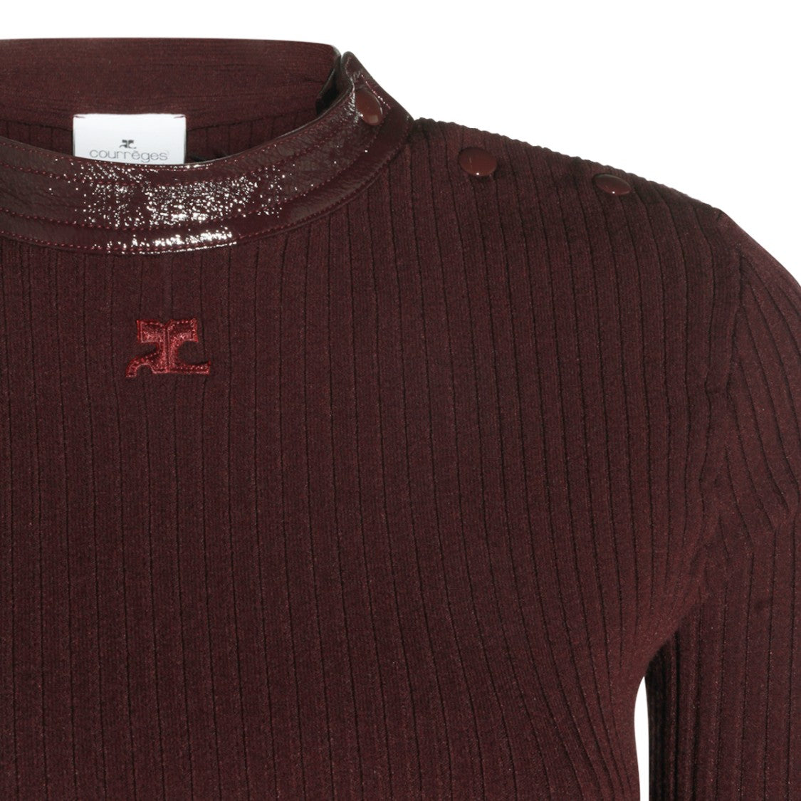 Courrèges Burgundy Fitted Knit Sweater With Ribbed Texture And Button Detail