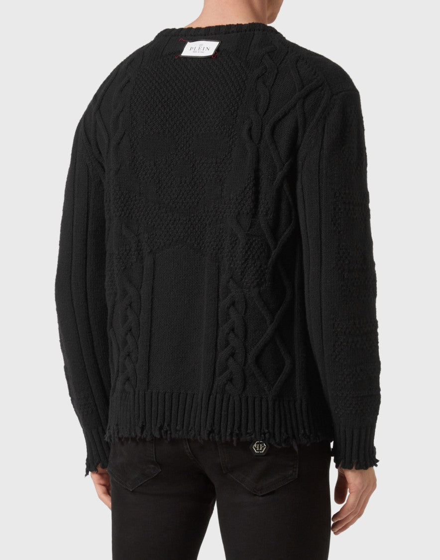 Philipp Plein Black Wool Cable-Knit Logo-Patch Sweater