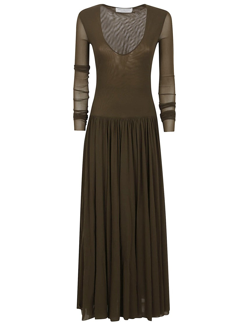 Philosophy Di Lorenzo Serafini Maxi Dress With Deep V-Neckline And Gathered Skirt