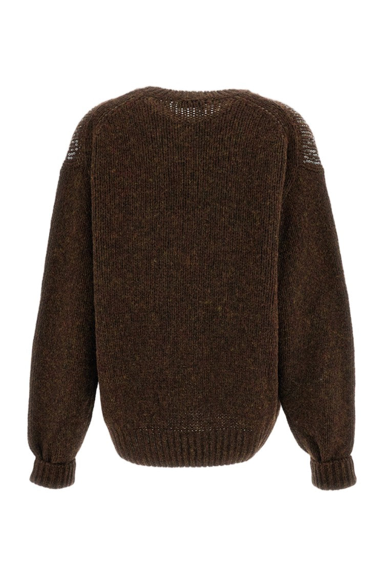 Haikure Brown Open-Knit Wool Sequin Sweater