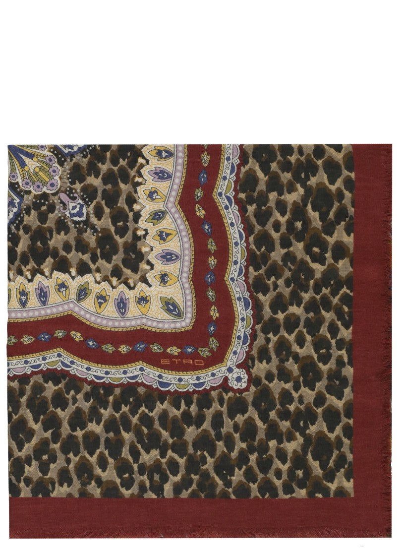 Etro Bordeaux Wool Blend Stole With Animalier And Paisley Patterns