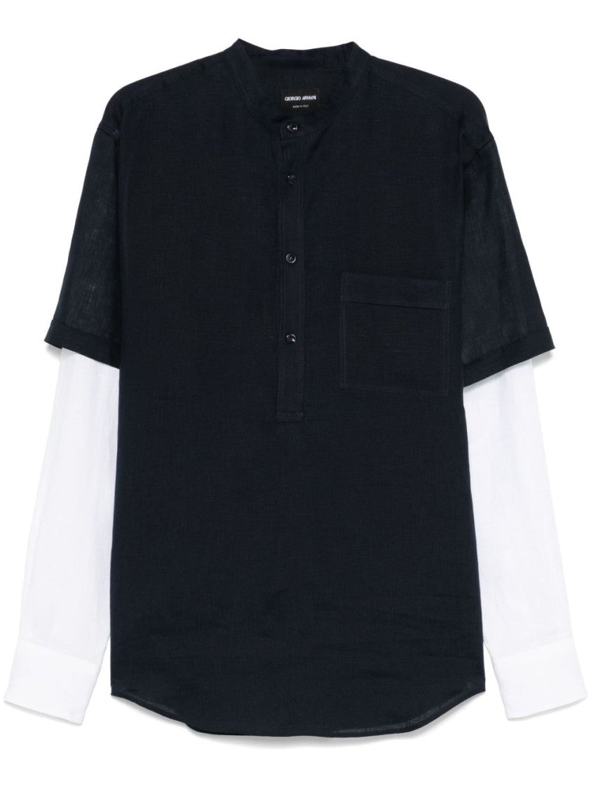 Giorgio Armani Layered Navy Blue Shirt With Band Collar And Buttoned Cuffs