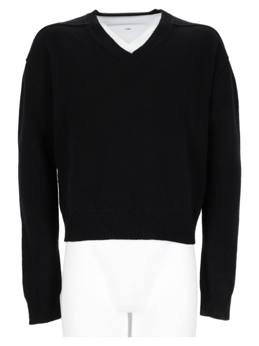 Rick Owens Cropped Black V-Neck Sweater With Ribbed Detailing