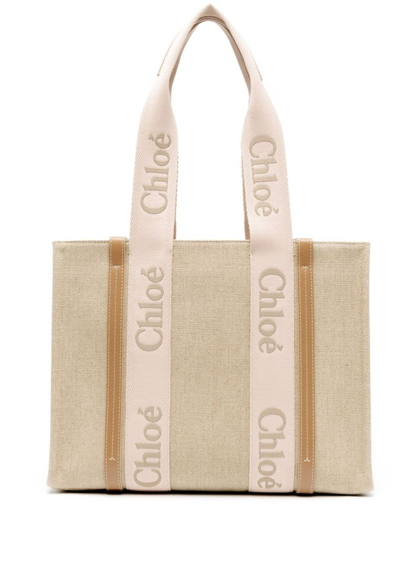 Chloé Textured Linen Tote Bag With Contrasting Handles
