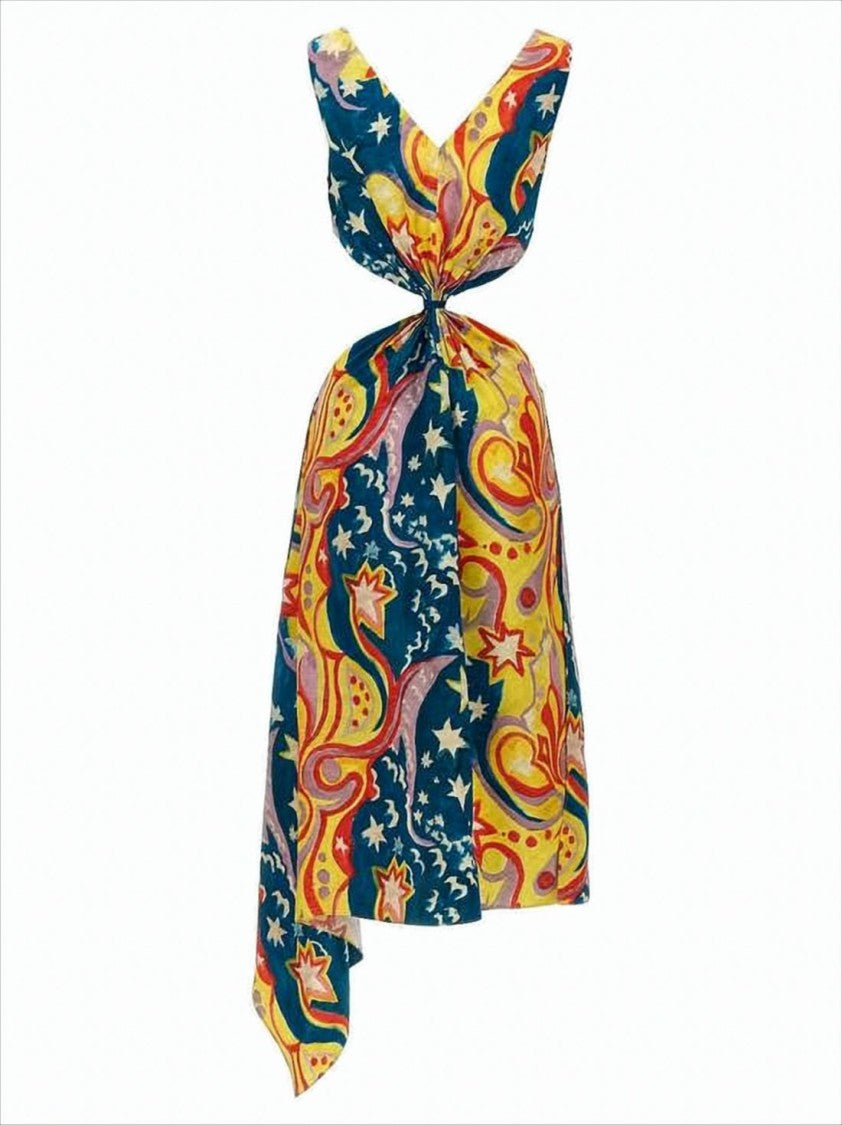 Marni Maxi Dress With Abstract Pattern And Twisted Knot Detail