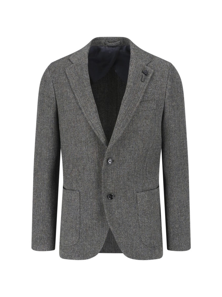 Lardini Grey Wool-Blend Herringbone Single Breasted Blazer