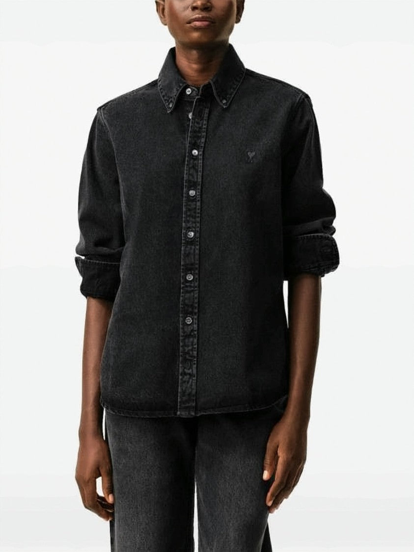 Ami Paris Classic Button-Up Shirt With Vertical Navy Stripes