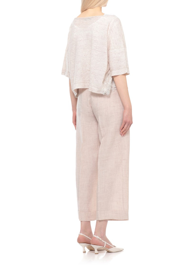 D. Exterior Beige Lace Linen-Blend Hem Short-Sleeved Top