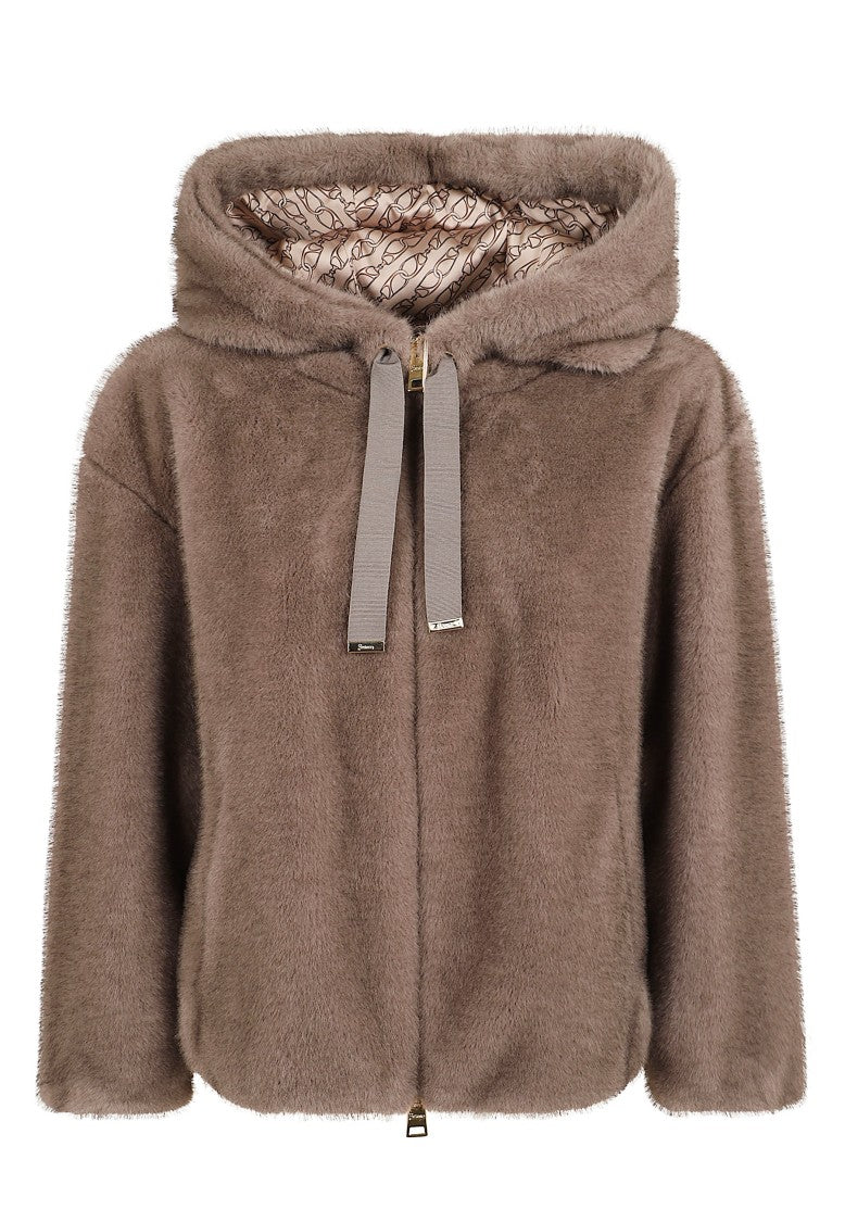 Herno Plush Faux Fur Bomber Jacket With Hood And Adjustable Fit