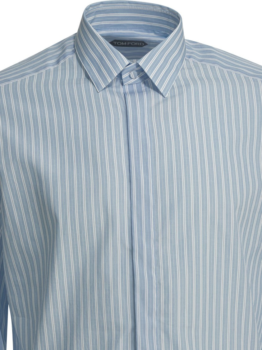 Tom Ford Tailored Light Blue Striped Shirt With Mother Of Pearl Accents