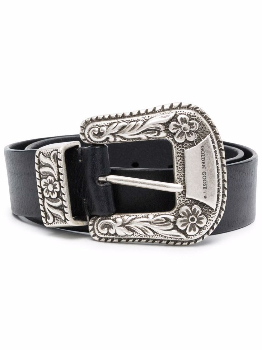 Golden Goose Cow Leather Belt With Ornate Silver Buckle For Women
