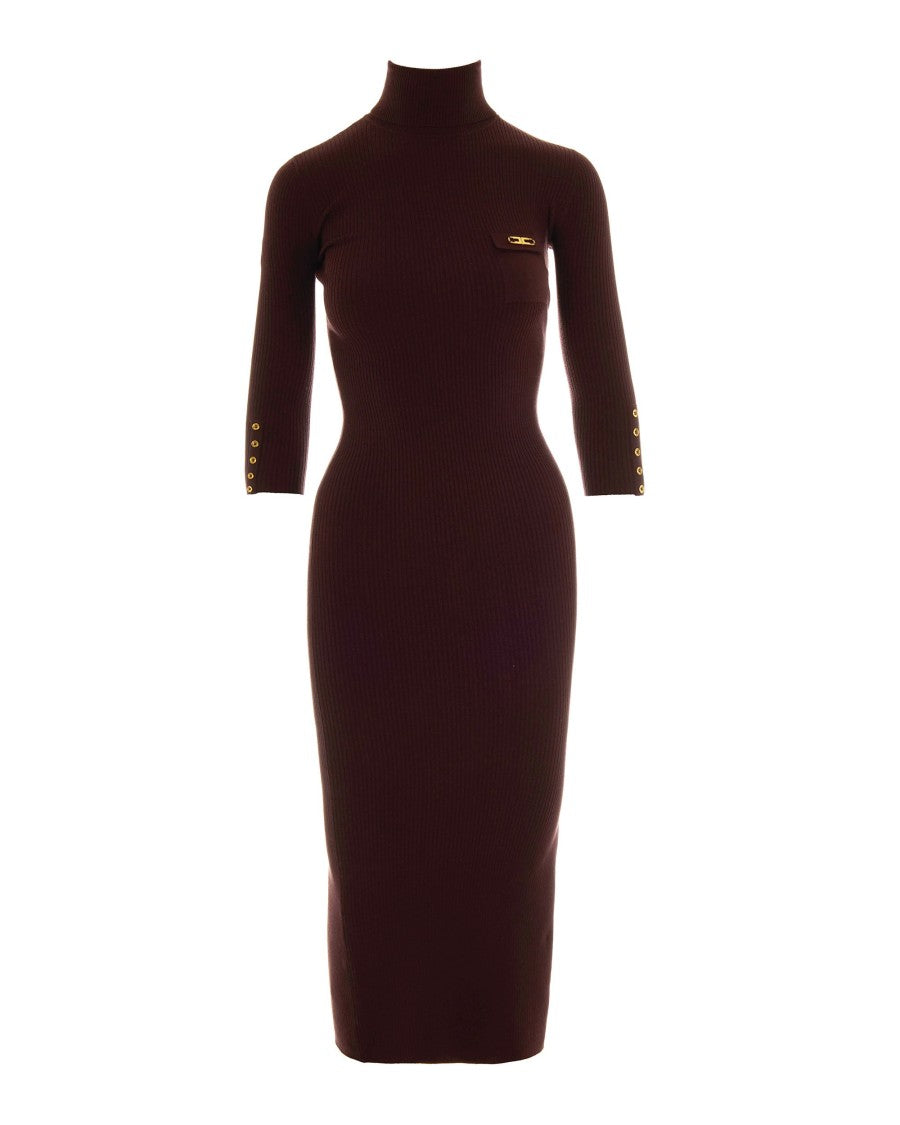 Elisabetta Franchi Burgundy Ribbed Knit Dress With Pocket