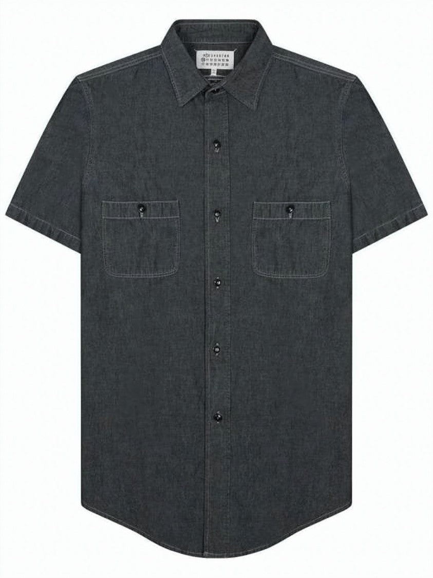 Maison Margiela Short-Sleeve Button-Down Shirt With Curved Hem And Chest Pockets