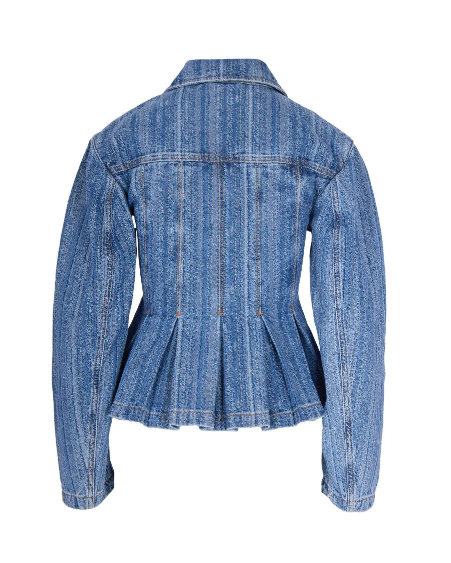 Ganni Giubbino Plissettato In Denim A Righe Mid Blue Stone
