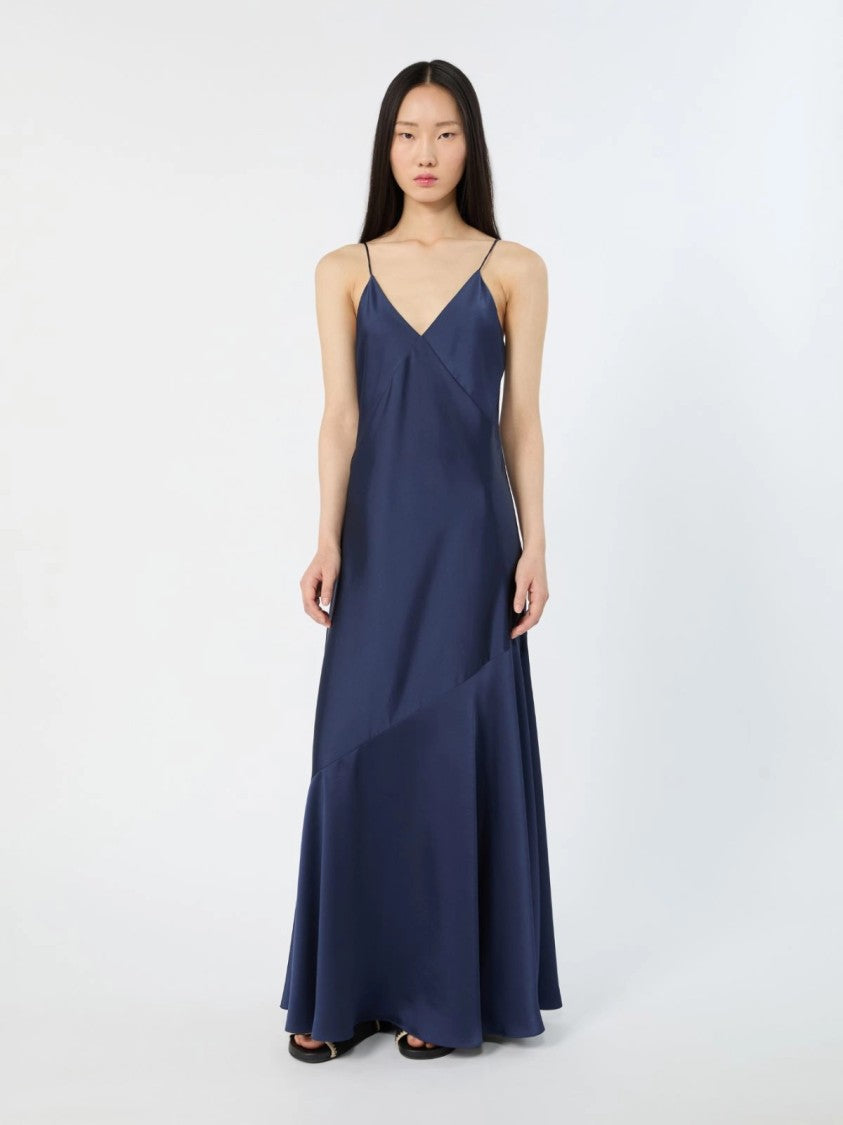 Max Mara Asymmetrical Deep Navy Maxi Dress With Draped Overlay
