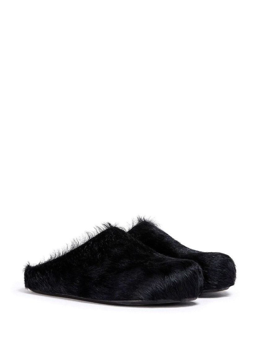 Marni Black Calf Hair Round Toe Slip-On Mules
