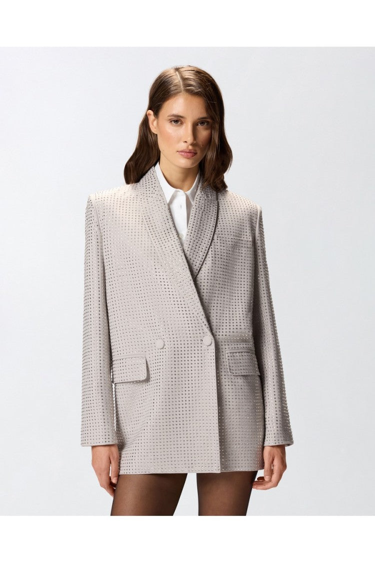 Pinko Grey Allover Crystal Shawl Lapel Polyester-Blend Blazer