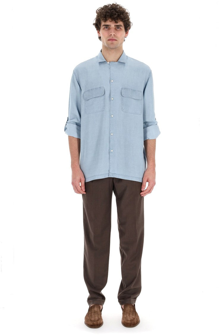 Officine Generale Leto Model Lyocell Bowling Collar Shirt