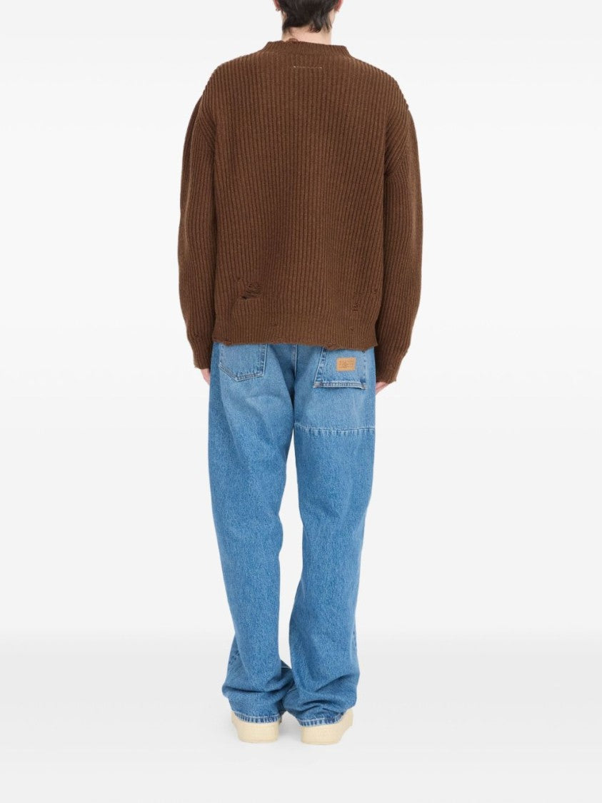 Mm6 By Maison Margiela Relaxed Fit V-Neck Sweater With Distressed Hem