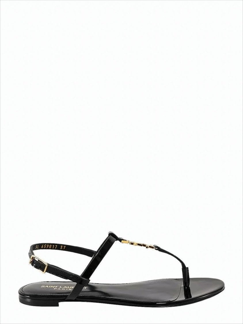 Saint Laurent Minimalist Black Calfskin Sandals With Gold-Tone Logo