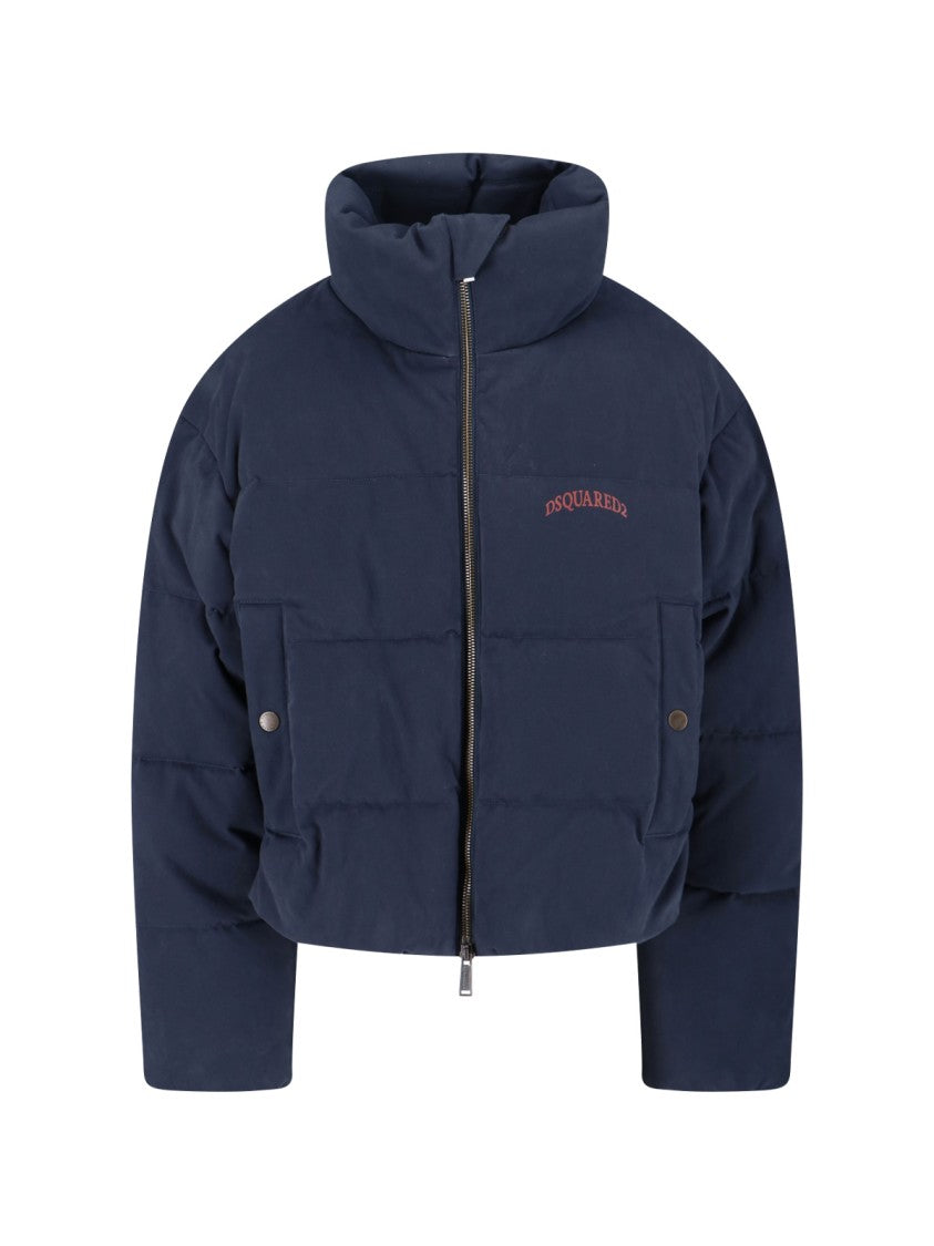 Dsquared2 High Collar Navy Puffer Jacket With Contrast Logo And Multicolor Heritage Lining