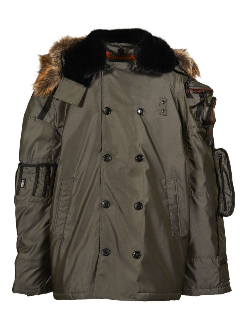Martine Rose Double-Breasted Nylon Jacket With Fur-Trimmed Hood
