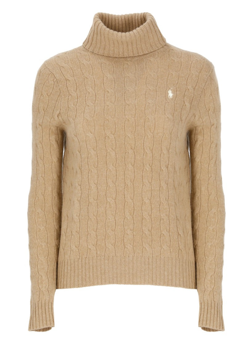 Polo Ralph Lauren Beige Wool And Cashmere Turtleneck Sweater With Ribbed Trims