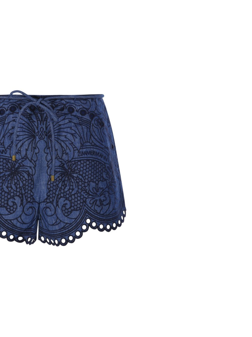 Zimmermann Coco Embroidered Denim Shorts With Scalloped Hemline
