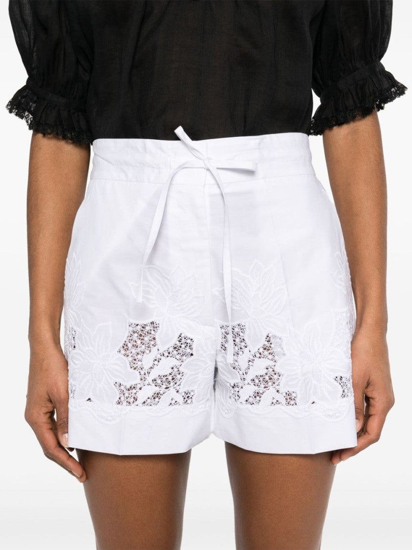 Parosh High-Waisted White Cotton Shorts With Floral Lace Detailing