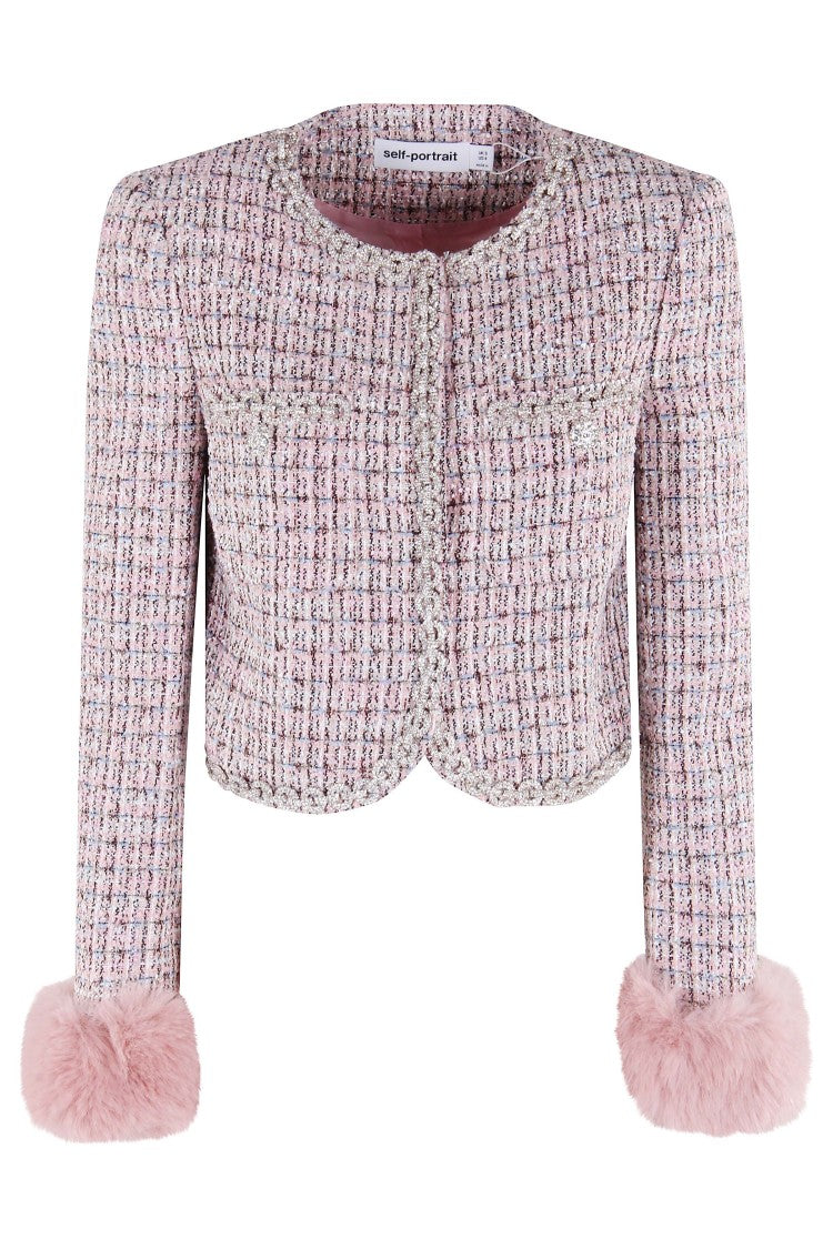 Self-Portrait Pink Boucle Fur Cuff Jacket