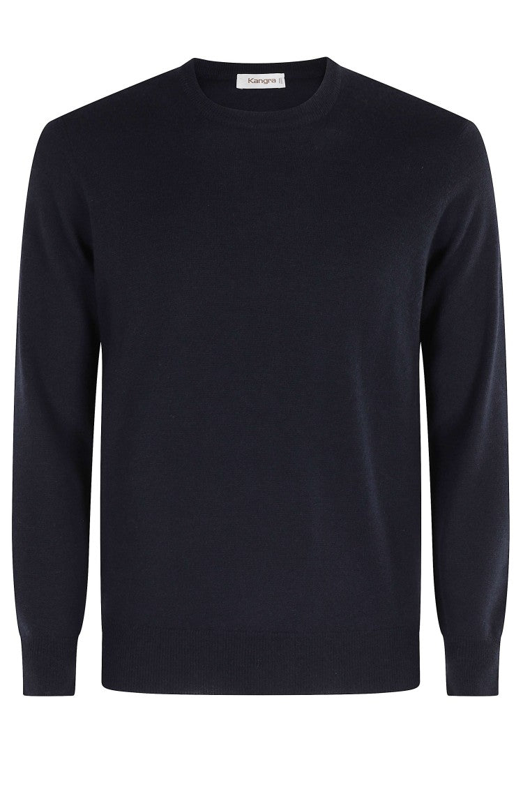 Kangra Blue Round Neck Smooth Knit Wool Sweater