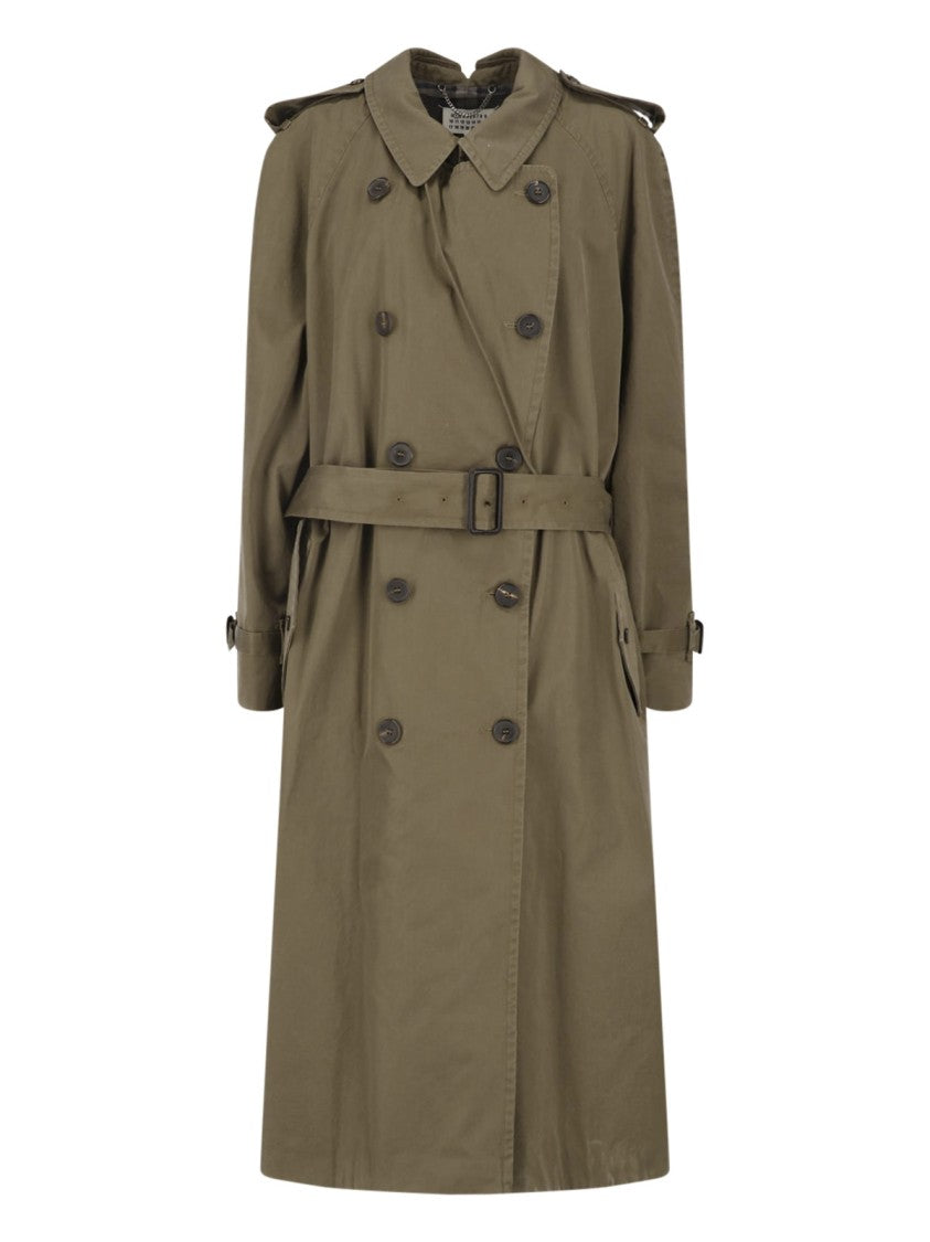 Maison Margiela Green Double-Breasted Folded Collar Cotton Trench Coat